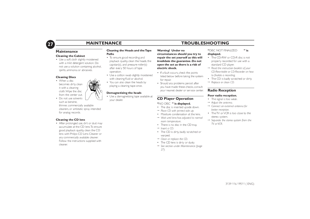 Philips FW-P73 manual Maintenance Troubleshooting, CD Player Operation, Radio Reception 