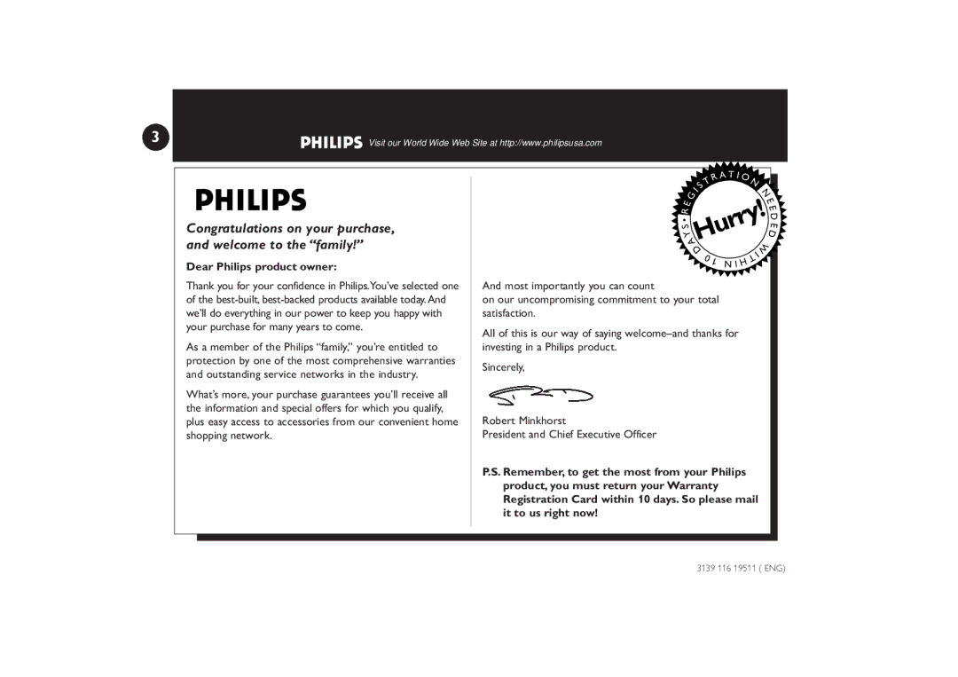 Philips FW-P73 manual Congratulations on your purchase, and welcome to the family, Dear Philips product owner 