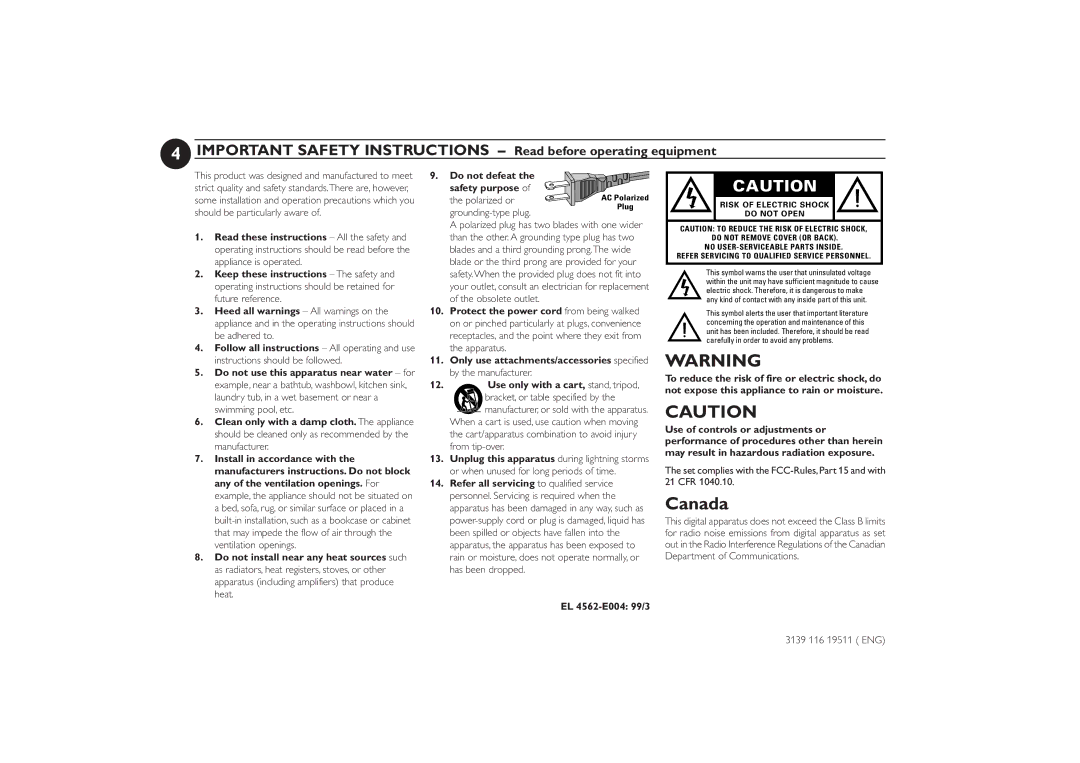 Philips FW-P73 manual EL 4562-E004 99/3, Set complies with the FCC-Rules, Part 15 and with 21 CFR 