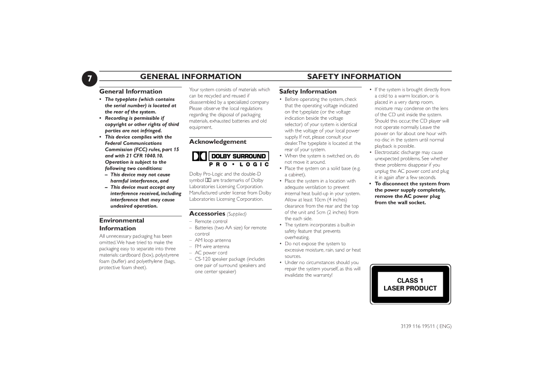 Philips FW-P73 manual General Information Safety Information 