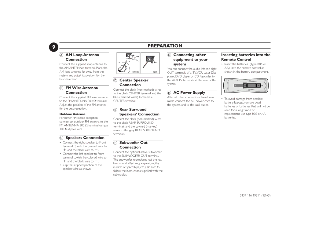 Philips FW-P73 manual AM Loop Antenna Connection, FM Wire Antenna Connection, Center Speaker Connection, AC Power Supply 