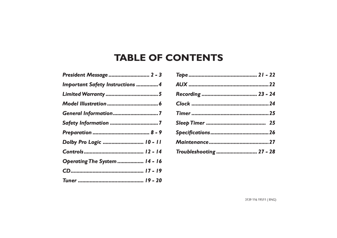 Philips FW-P73 manual Table Of Contents, Recording, Dolby Pro Logic, Troubleshooting, Operating The System 