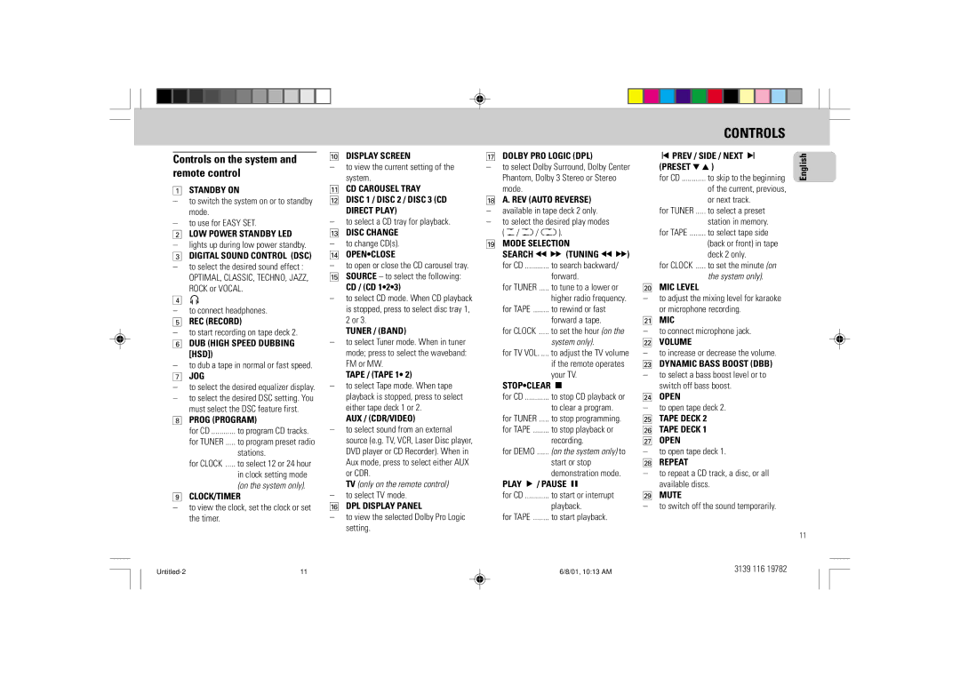 Philips FW-P78 manual Controls on the system and remote control 