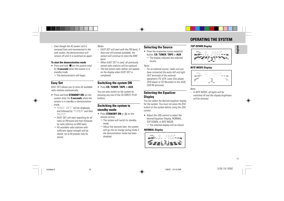 Philips FW-P78 manual Easy Set, Switching the system on, Switching the system to standby mode, Selecting the Source 