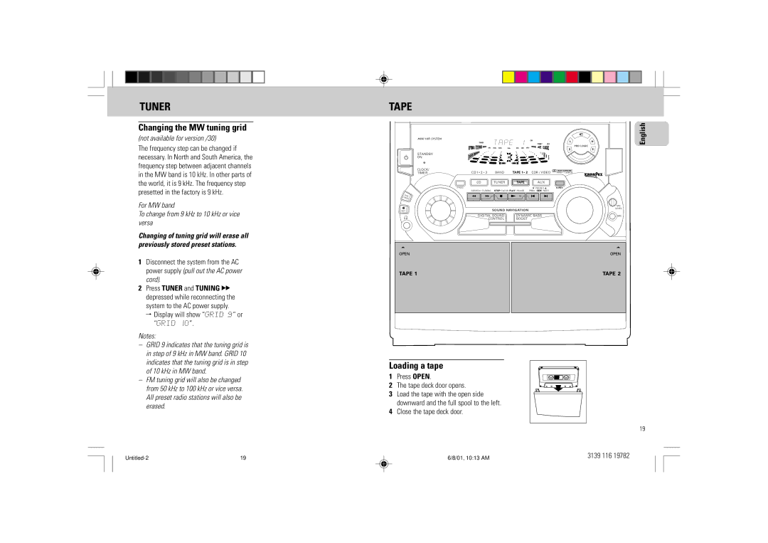 Philips FW-P78 manual Tape, Changing the MW tuning grid, Loading a tape, Not available for version /30 