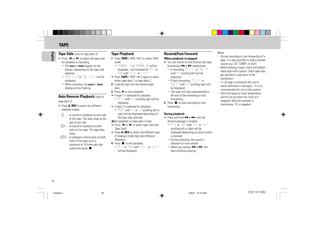 Philips FW-P78 manual Tape Playback, Rewind/Fast Forward, When playback is stopped, During playback 