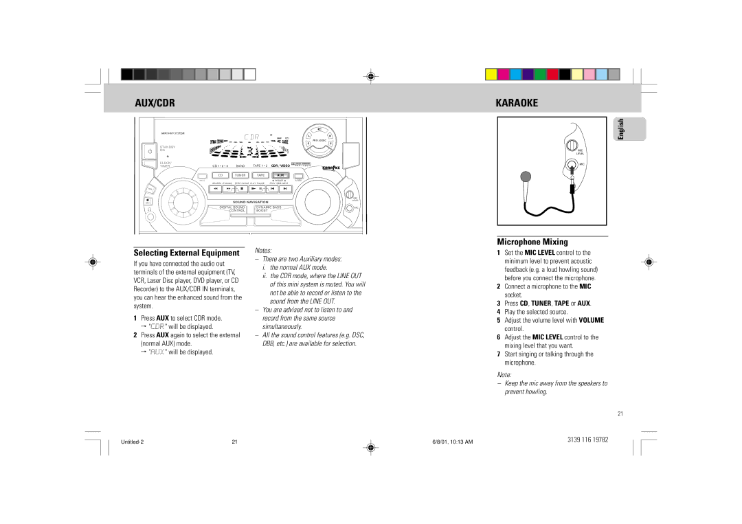 Philips FW-P78 manual Aux/Cdr, Karaoke, Microphone Mixing, There are two Auxiliary modes Normal AUX mode 