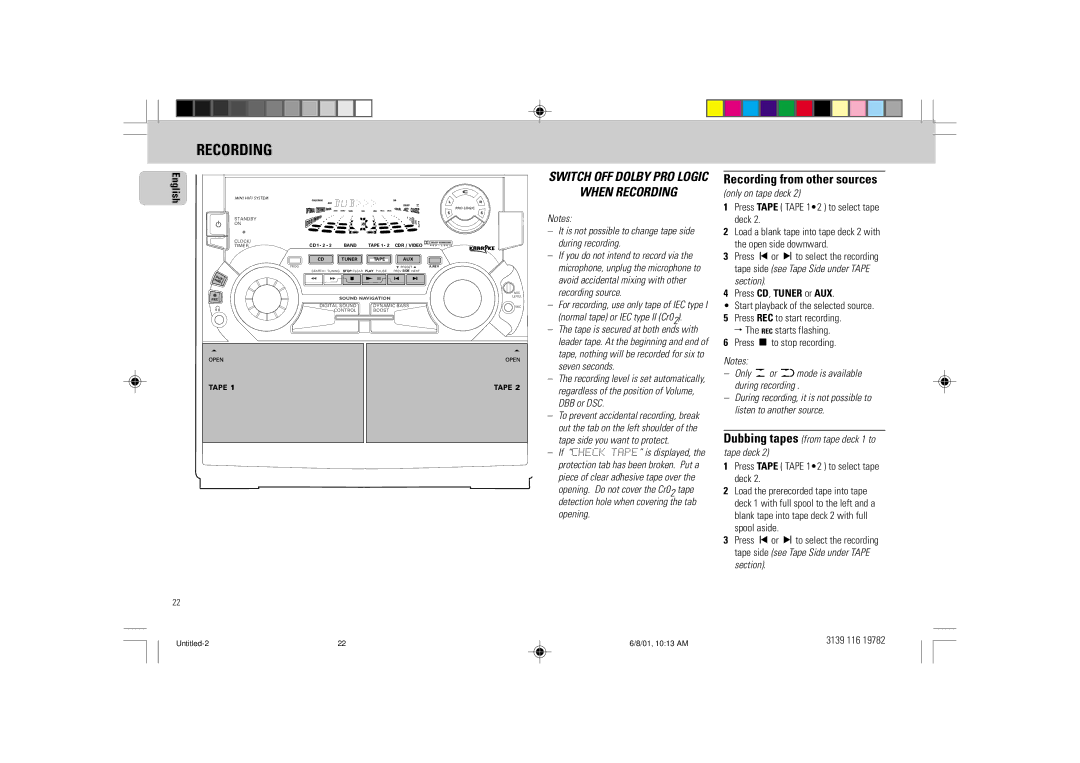 Philips FW-P78 manual Recording from other sources, It is not possible to change tape side during recording 