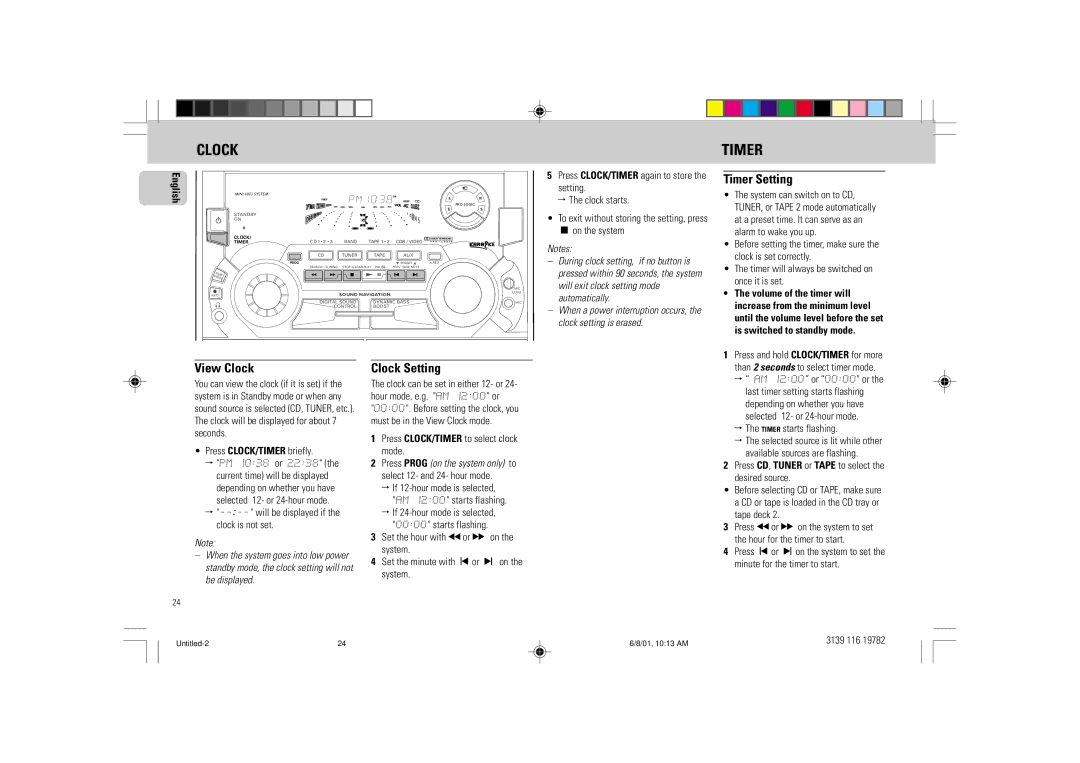 Philips FW-P78 manual Timer Setting, View Clock, Clock Setting 