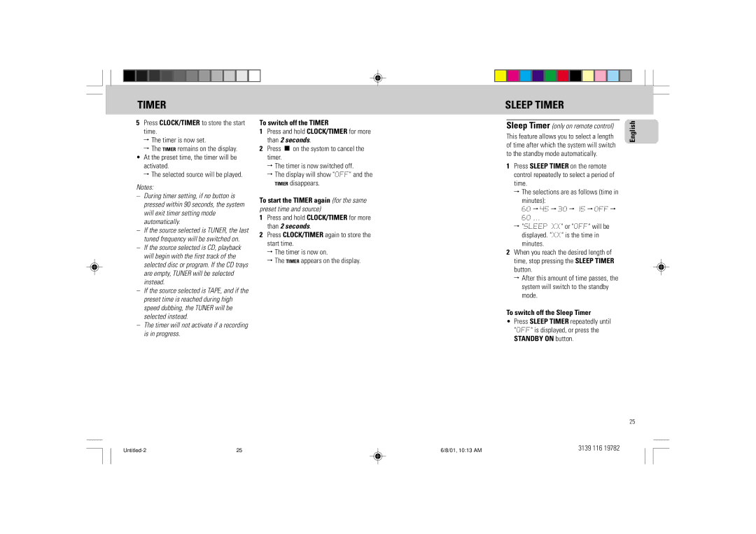 Philips FW-P78 manual Sleep Timer, Timer will not activate if a recording is in progress, To switch off the Timer 