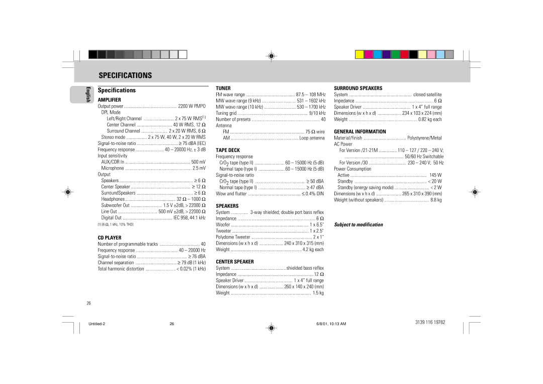 Philips FW-P78 manual Specifications 