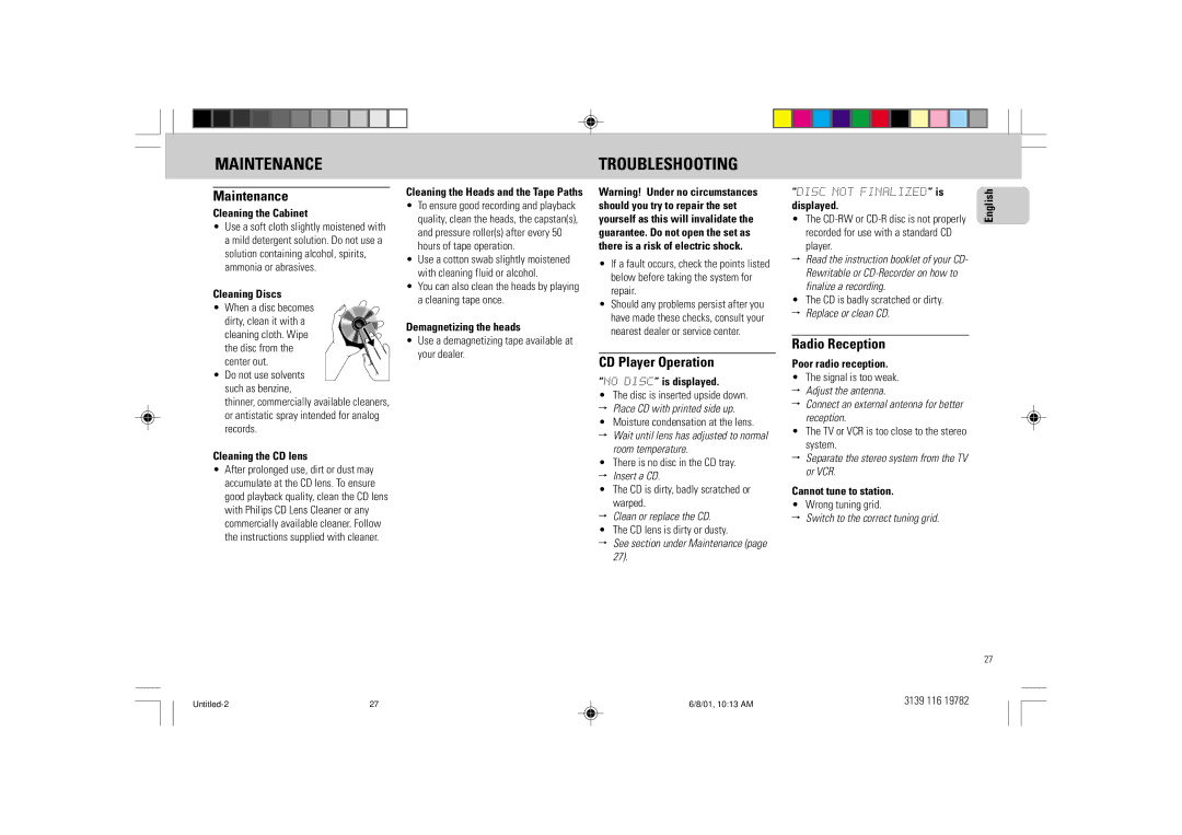 Philips FW-P78 manual Maintenance Troubleshooting, CD Player Operation, Radio Reception 