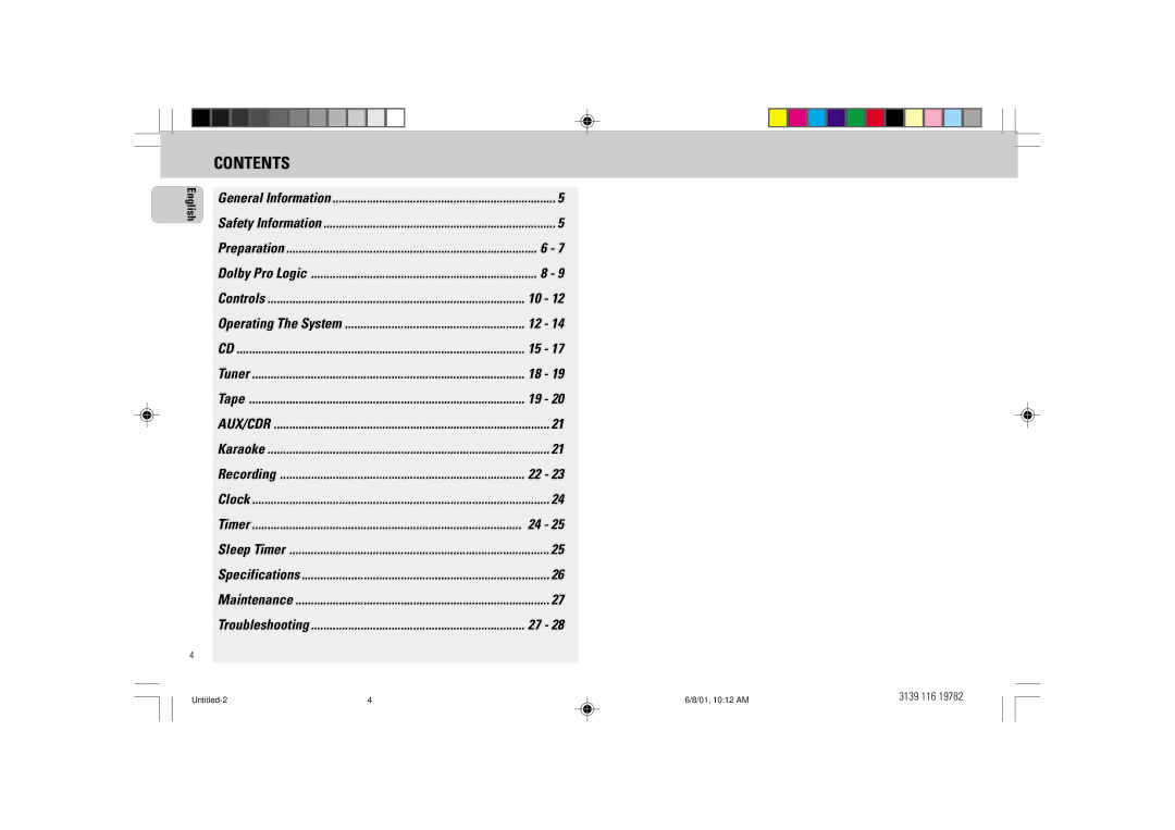 Philips FW-P78 manual Contents 