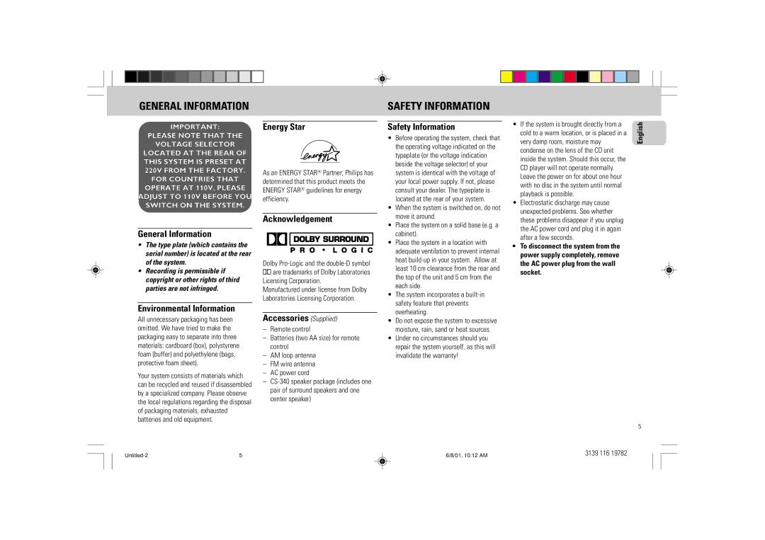 Philips FW-P78 manual Safety Information 