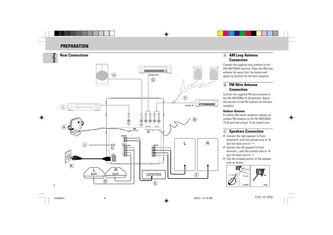 Philips FW-P78 Preparation, AM Loop Antenna Connection, FM Wire Antenna Connection, Speakers Connection, Outdoor Antenna 