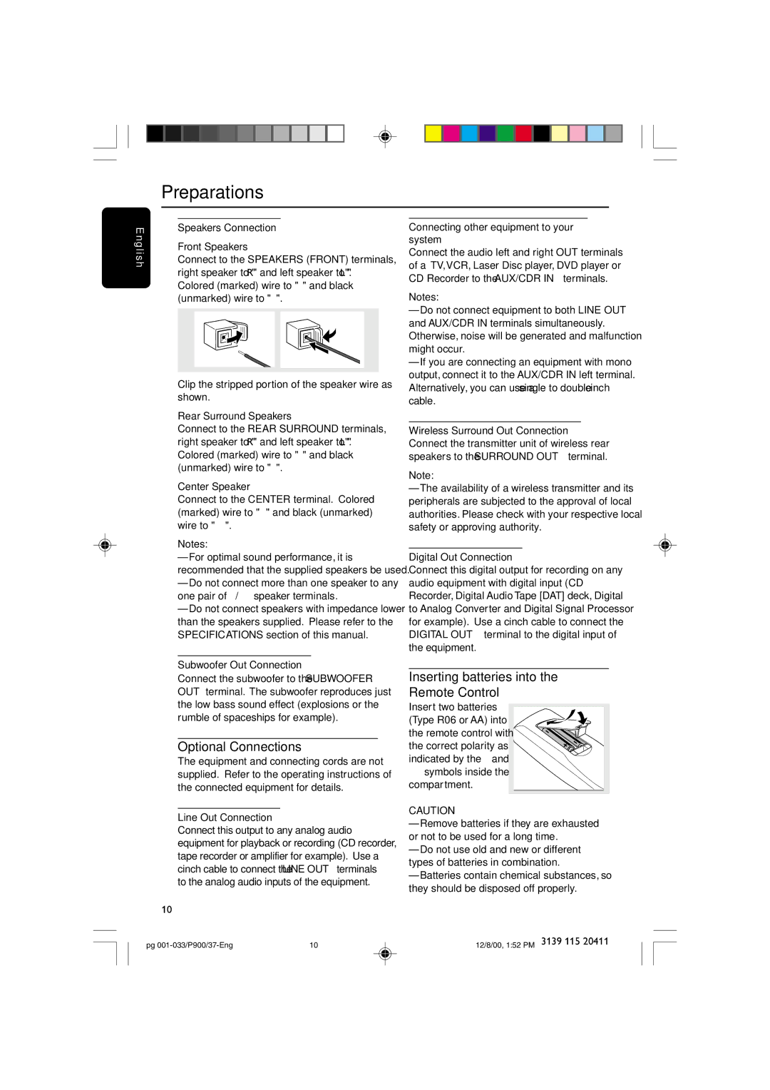 Philips FW-P900 manual Optional Connections, Inserting batteries into the Remote Control 