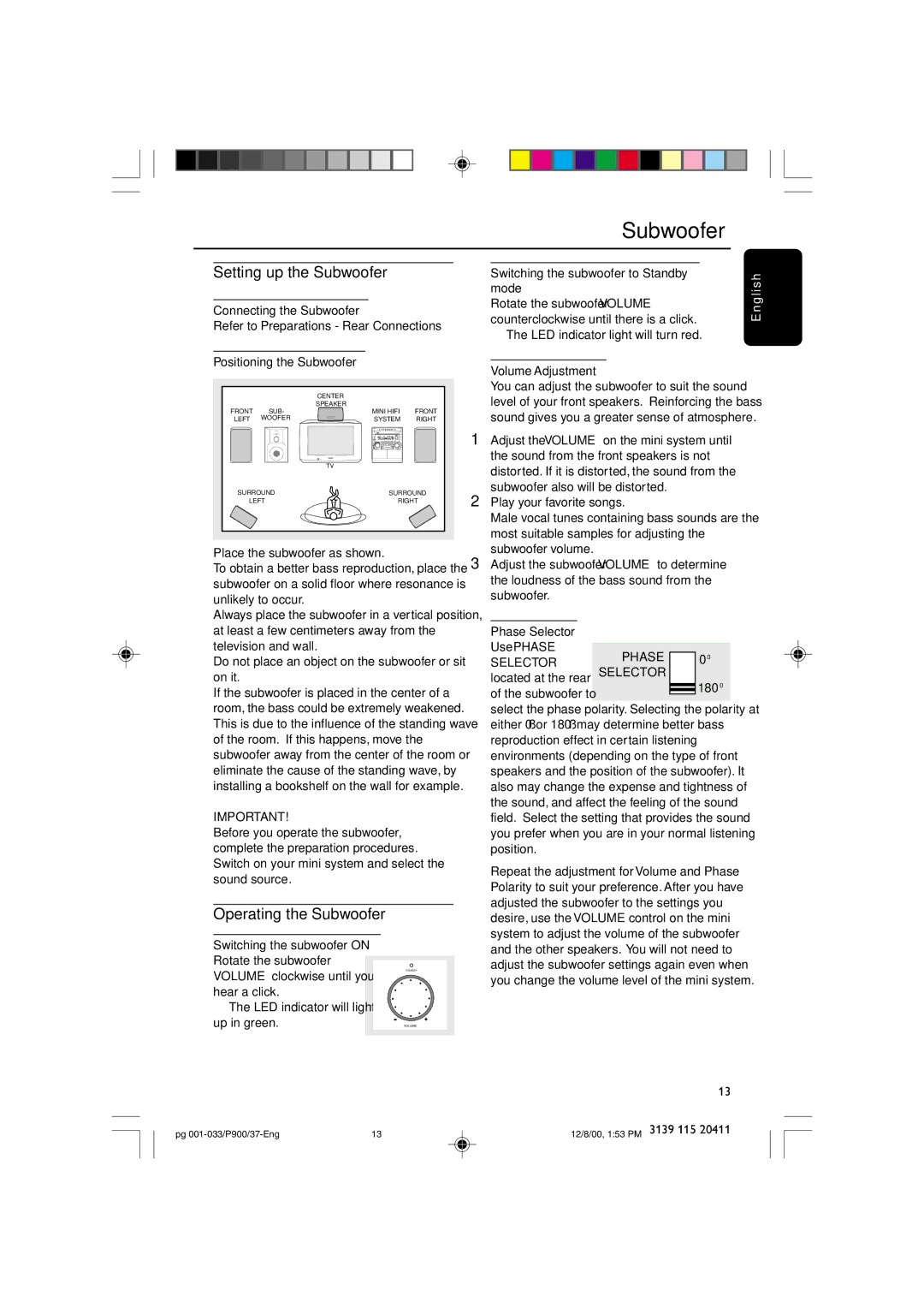 Philips FW-P900 manual Setting up the Subwoofer, Operating the Subwoofer, Phase Selector 