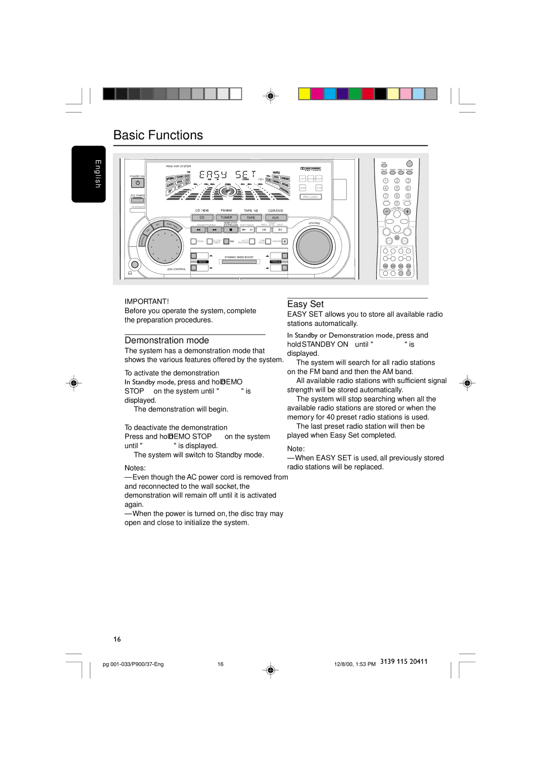 Philips FW-P900 manual Basic Functions, Easy Set, Demonstration mode, To activate the demonstration 