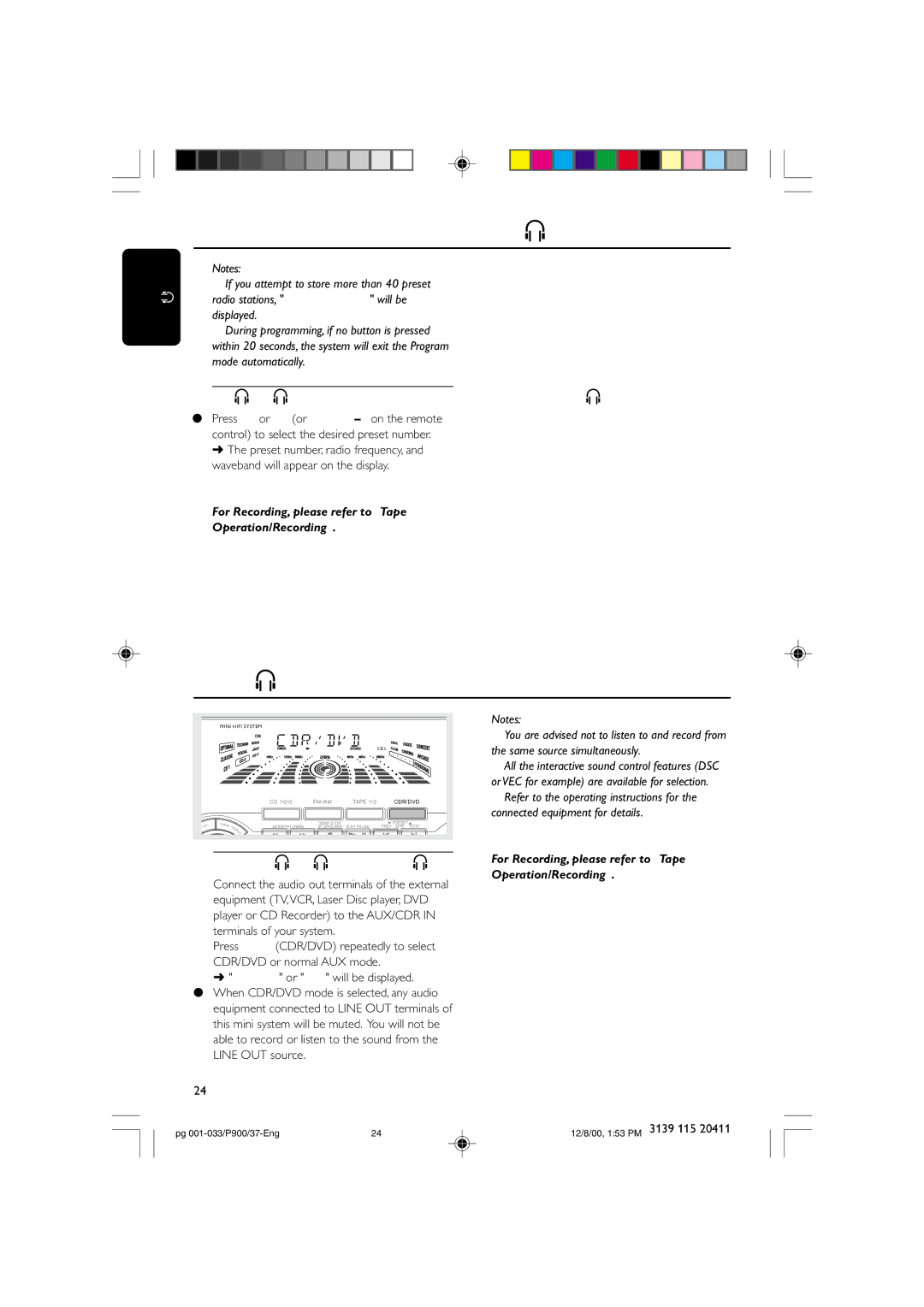 Philips FW-P900 manual Tuning to Preset Radio Stations, Listening to External Sources 