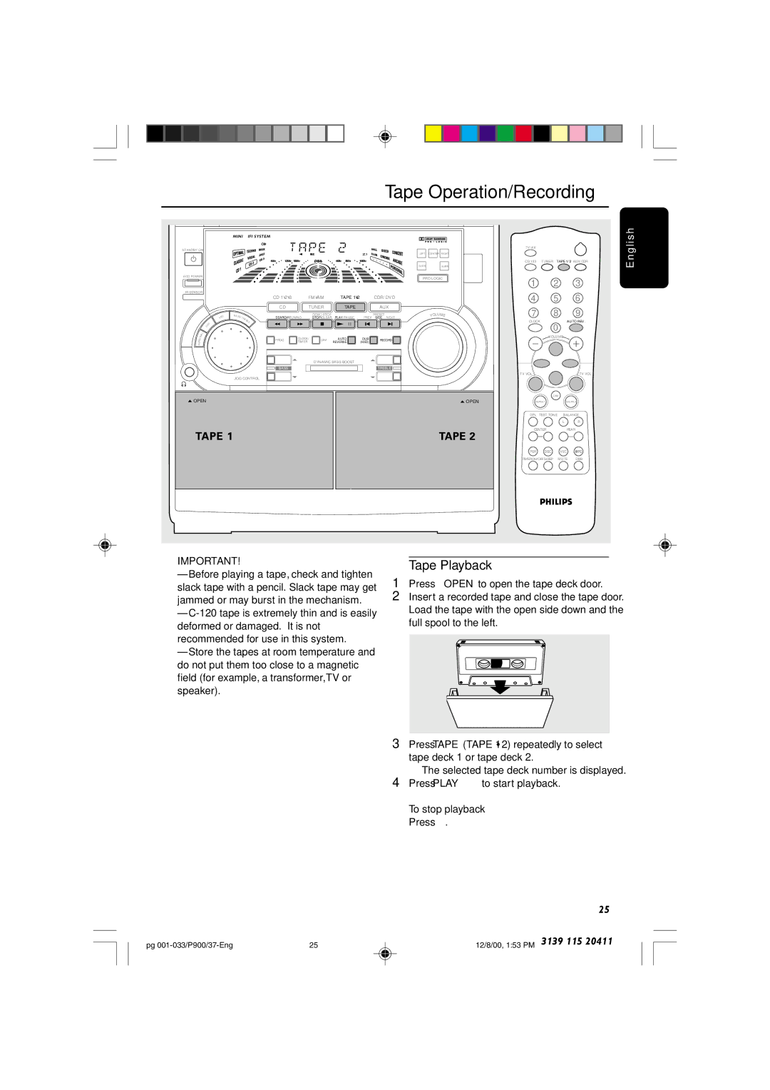 Philips FW-P900 Tape Operation/Recording, Tape Playback, Press # Open to open the tape deck door, To stop playback Press Ç 