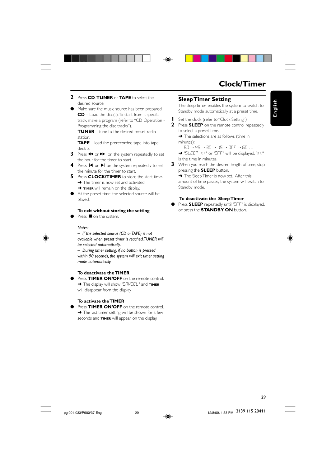 Philips FW-P900 manual Clock/Timer, Sleep Timer Setting, To deactivate the Timer, To activate the Timer 