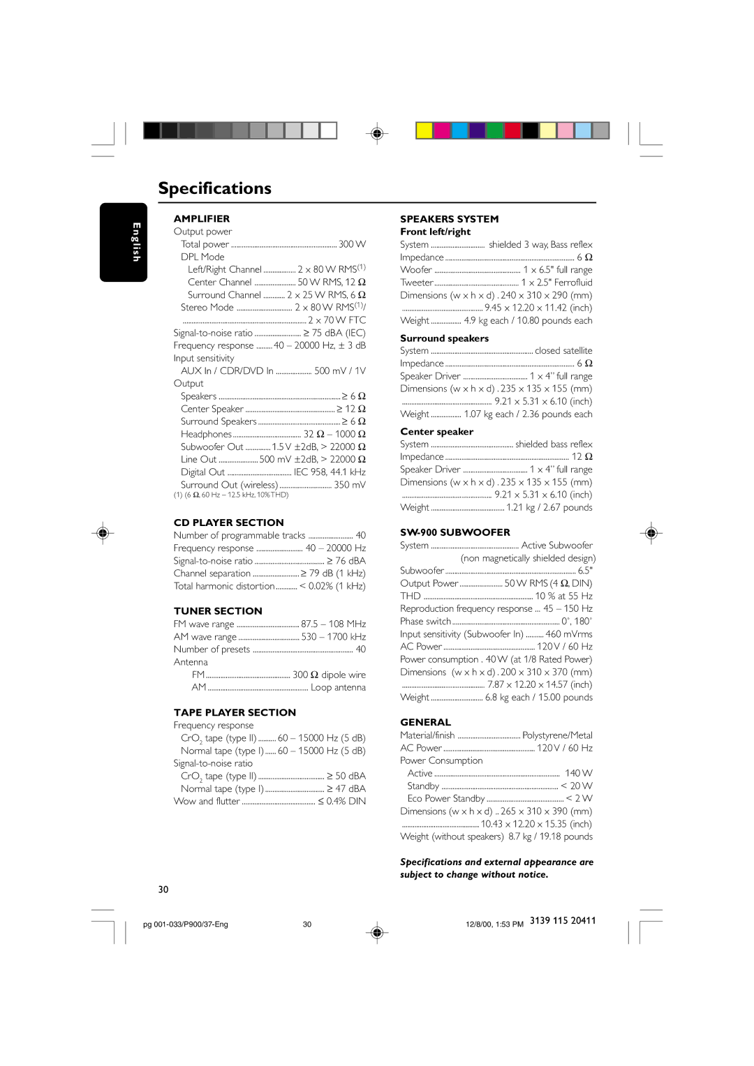 Philips FW-P900 manual Specifications 