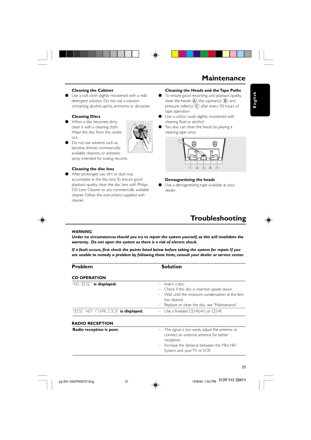 Philips FW-P900 manual Maintenance, Troubleshooting, Problem Solution, CD Operation, Radio Reception 