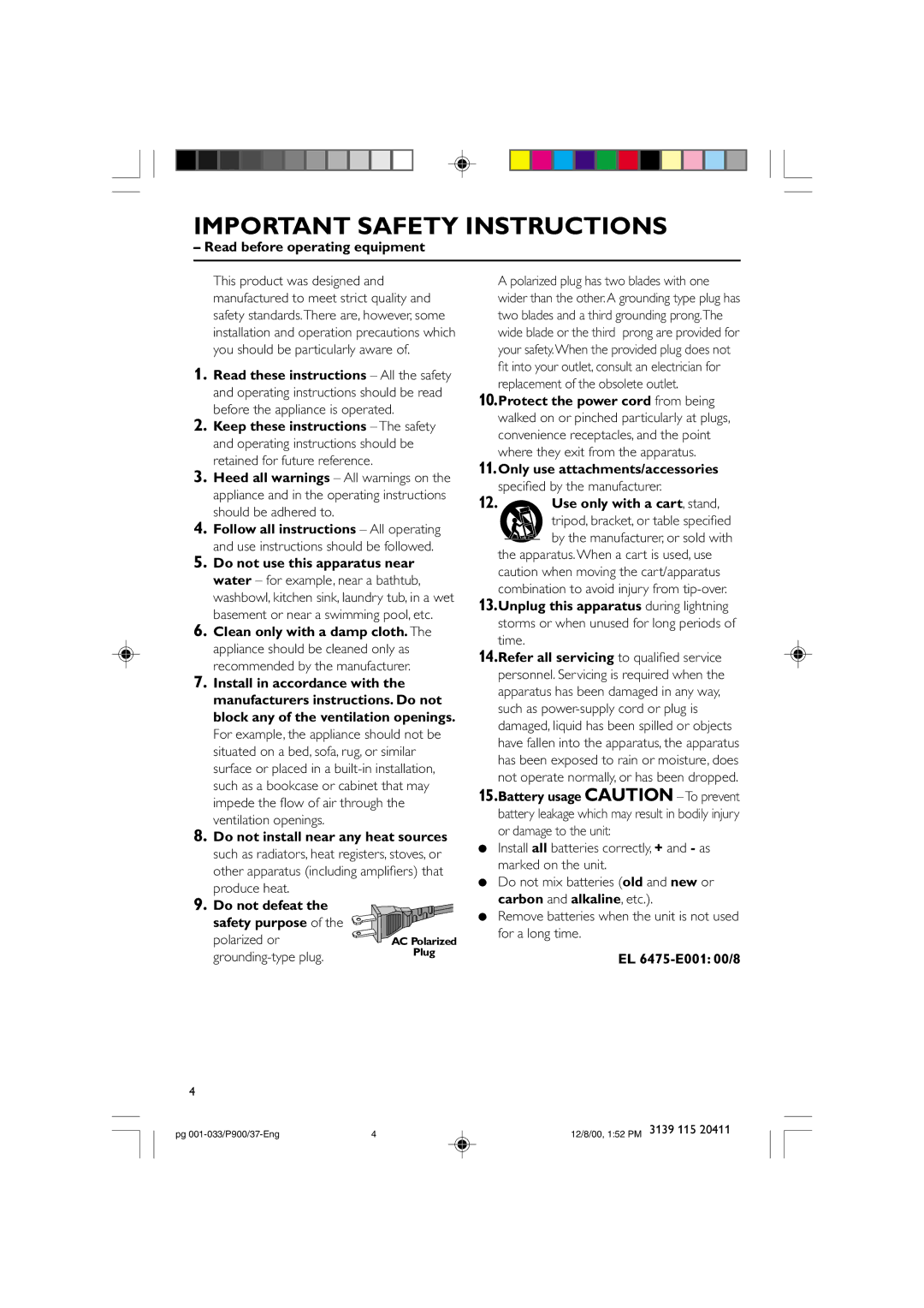 Philips FW-P900 manual Important Safety Instructions, Do not defeat the safety purpose 