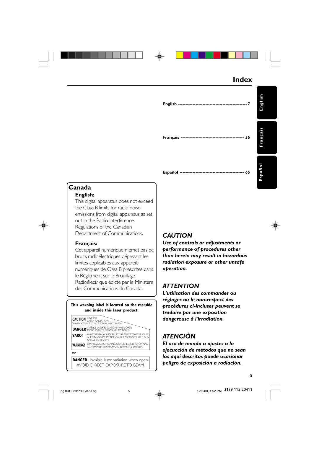 Philips FW-P900 manual Index, English, Français, Inside this laser product 