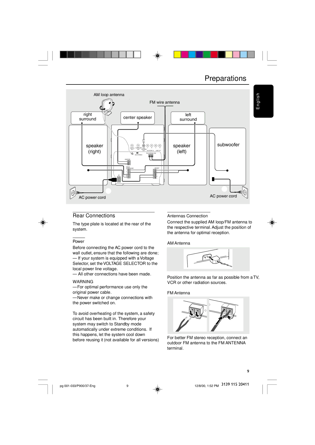 Philips FW-P900 manual Preparations, Rear Connections 