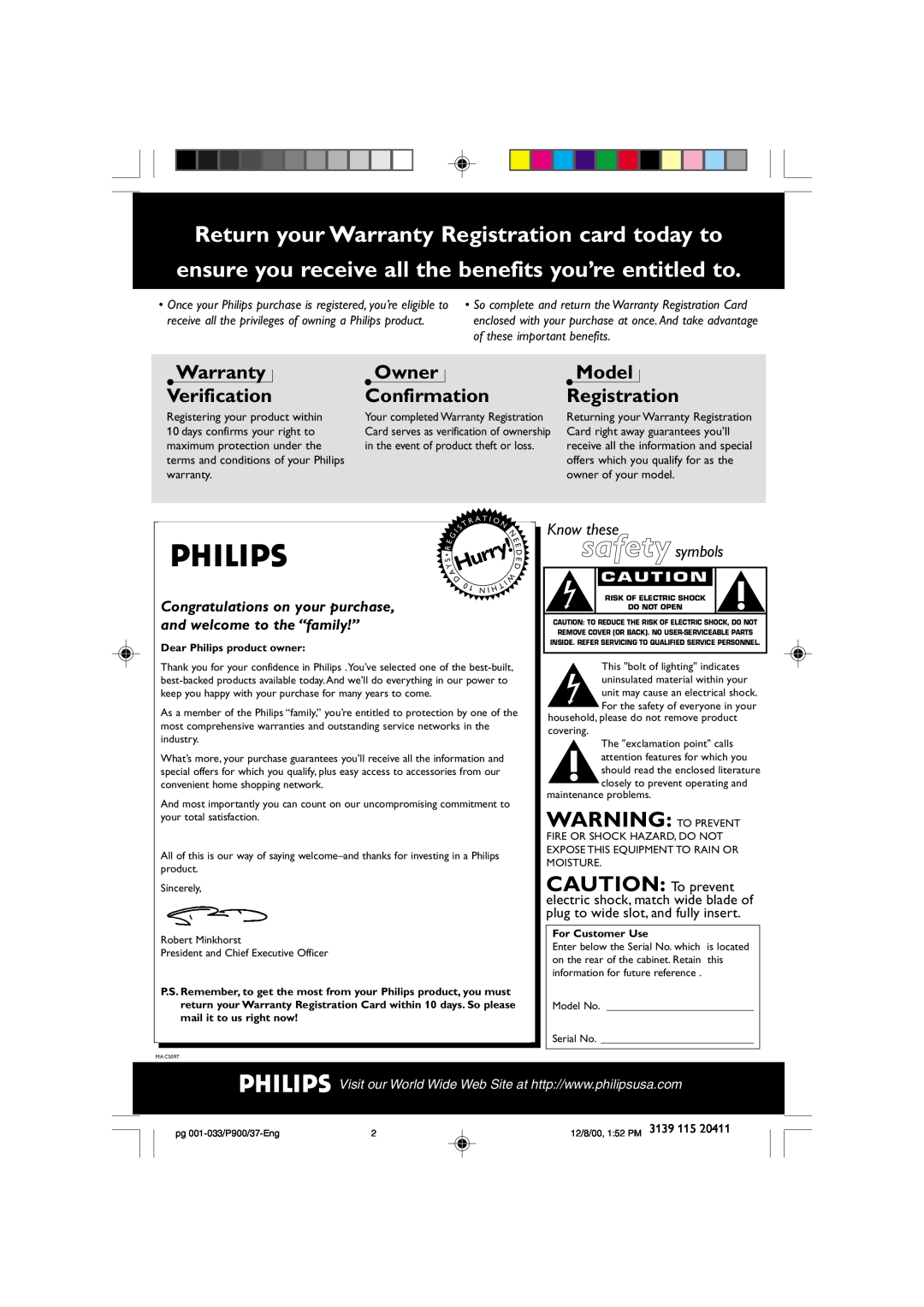 Philips FW-P900 manual Return your Warranty Registration card today to, Warranty Verification, Owner Confirmation, AHurry 