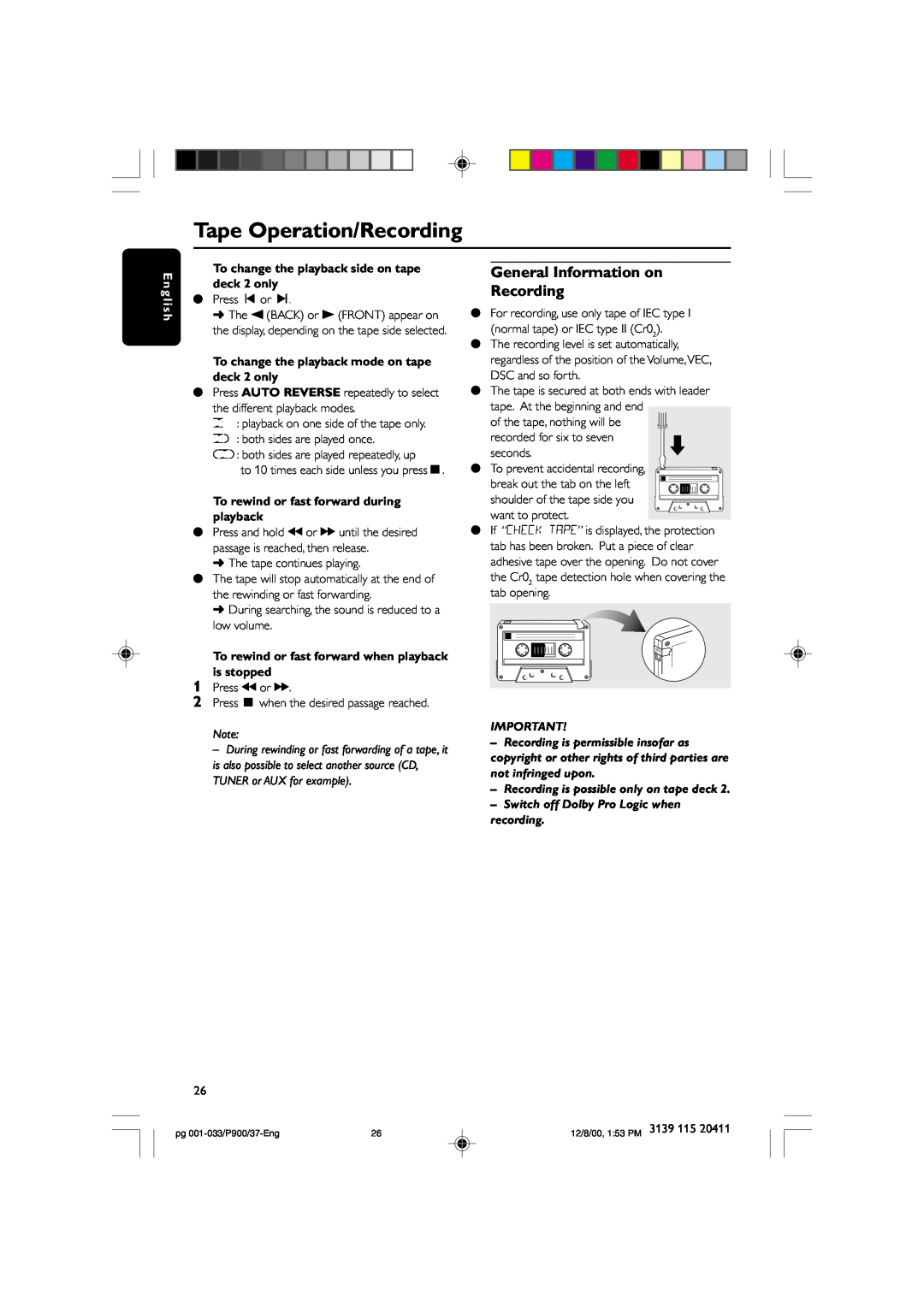 Philips FW-P900 manual General Information on Recording, Tape Operation/Recording, To change the playback side on tape 