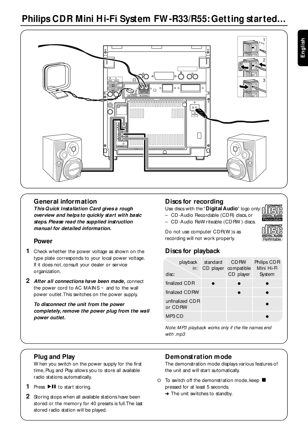 Philips instruction manual Philips CDR Mini Hi-Fi System FW-R33/R55 Getting started…, General information Power 