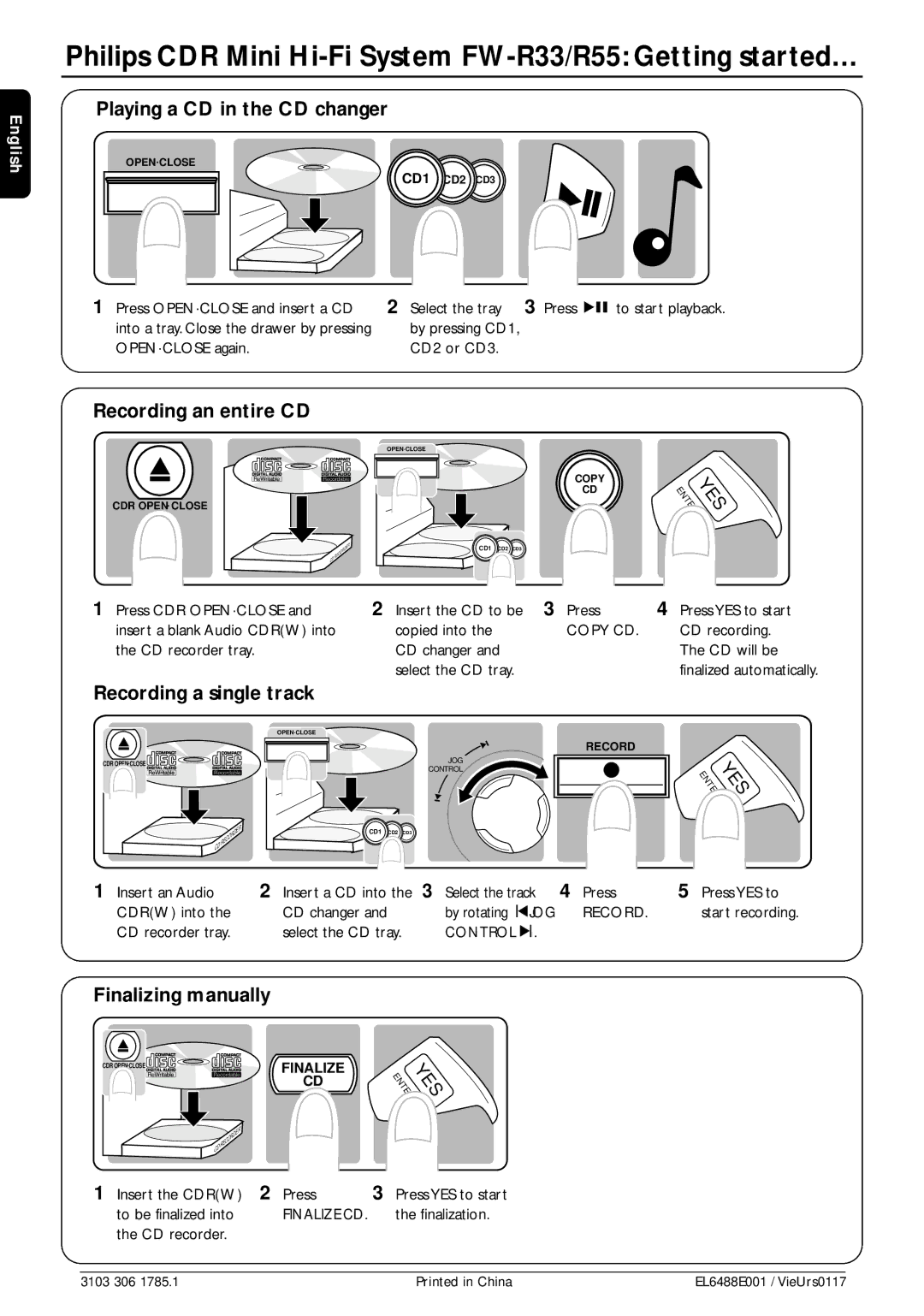 Philips FW-R33 YES Enter, Playing a CD in the CD changer, Recording an entire CD, Recording a single track 