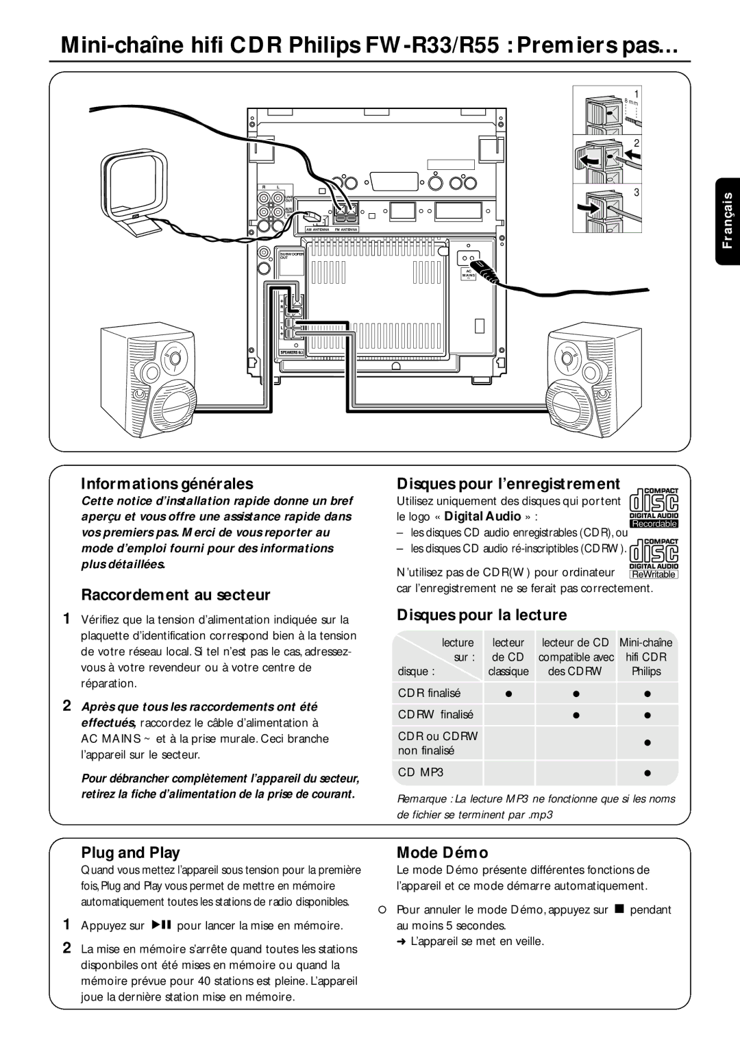 Philips instruction manual Mini-chaîne hifi CDR Philips FW-R33/R55 Premiers pas… 