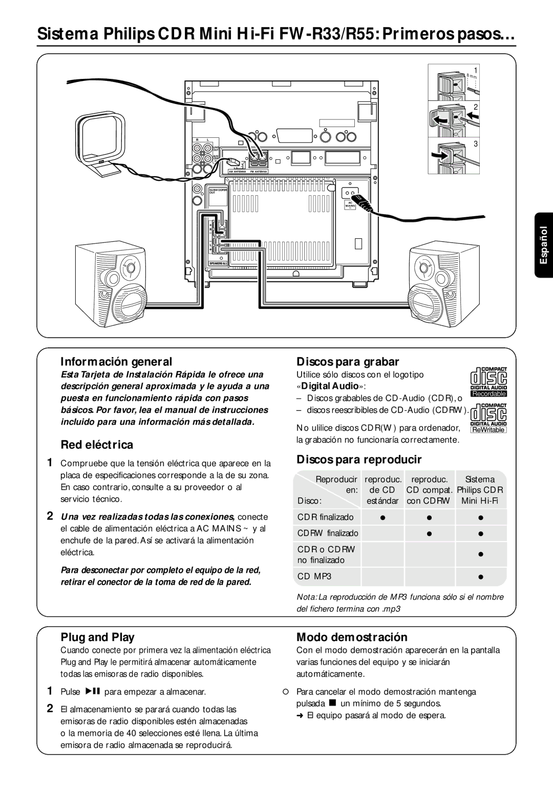 Philips instruction manual Sistema Philips CDR Mini Hi-Fi FW-R33/R55 Primeros pasos… 