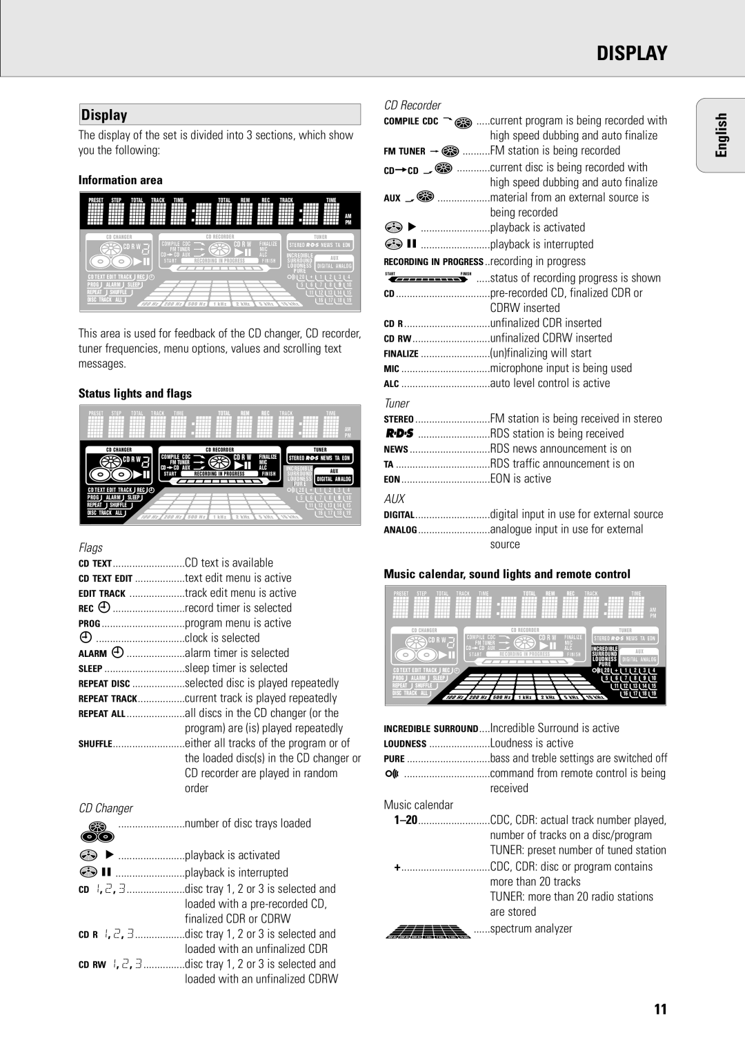 Philips FW-R8 manual Display, Information area, Status lights and flags 