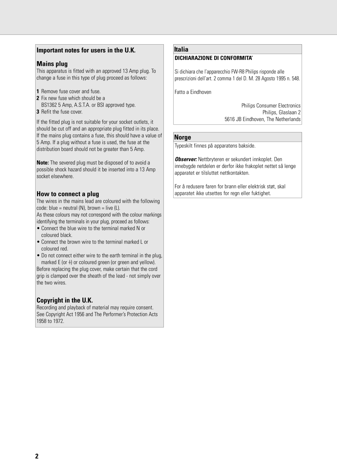 Philips FW-R8 Important notes for users in the U.K Mains plug, How to connect a plug, Copyright in the U.K, Italia, Norge 