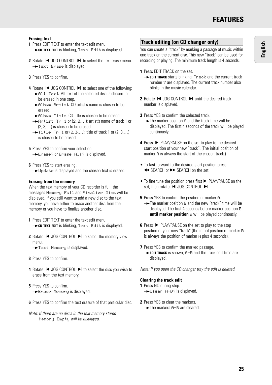 Philips FW-R8 manual Track editing on CD changer only, Erasing text, Erasing from the memory, Clearing the track edit 