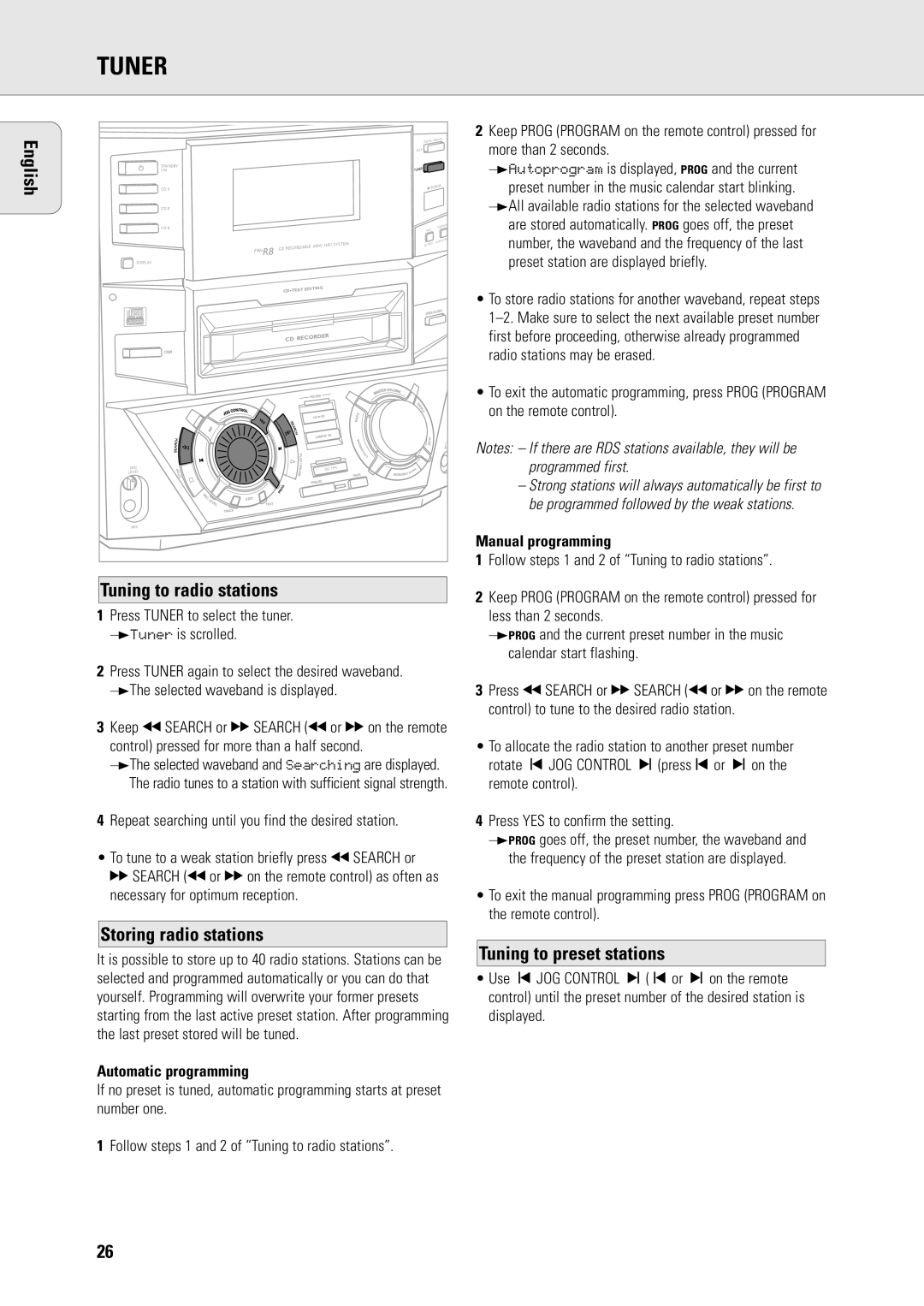 Philips FW-R8 manual Tuning to radio stations, Storing radio stations, Tuning to preset stations, Automatic programming 