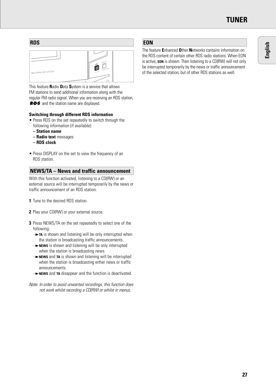 Philips FW-R8 manual Tuner, Switching through different RDS information, Station name Radio text messages RDS clock 