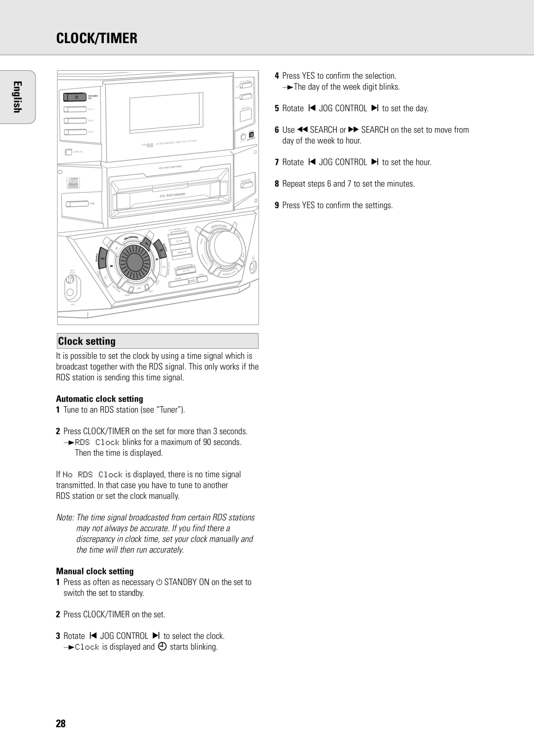 Philips FW-R8 manual Clock setting, Automatic clock setting, Tune to an RDS station see Tuner, Then the time is displayed 