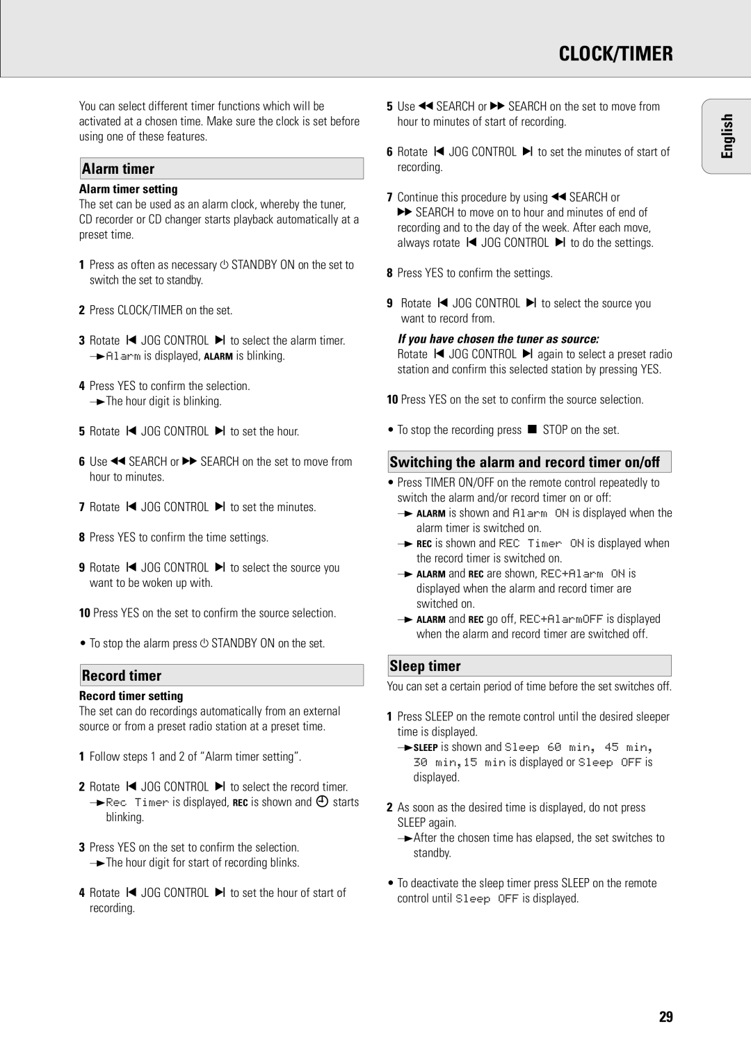 Philips FW-R8 Clock/Timer, Alarm timer, Switching the alarm and record timer on/off, English Record timer, Sleep timer 