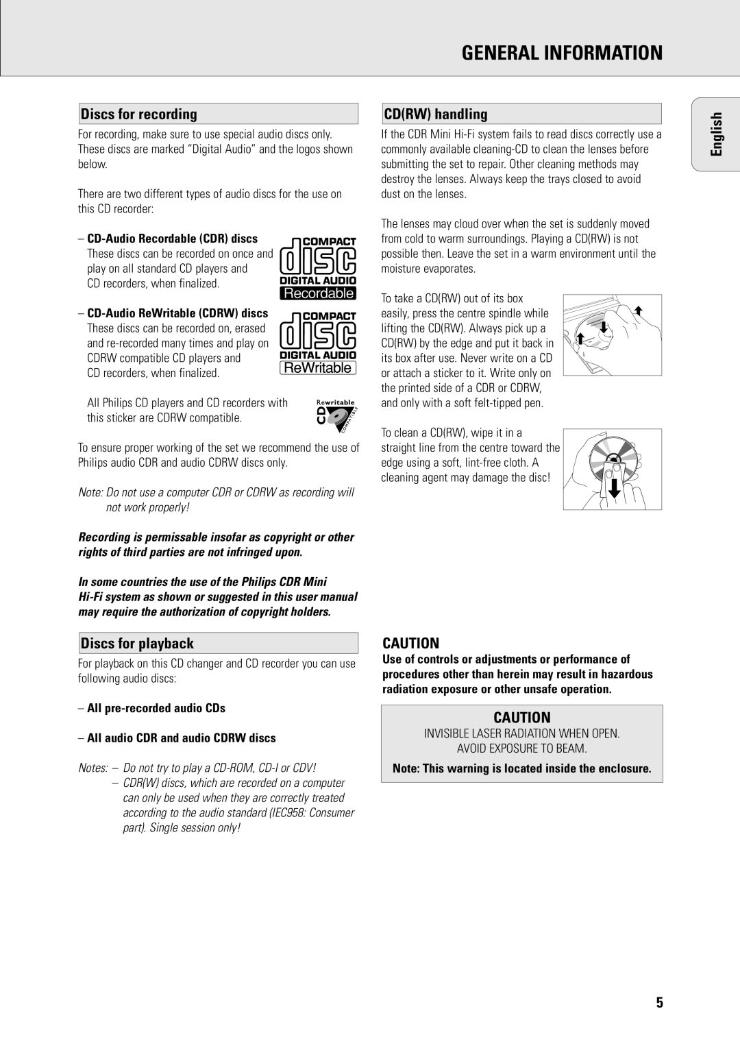 Philips FW-R8 manual Discs for recording, Cdrw handling, English Discs for playback, CD recorders, when finalized 