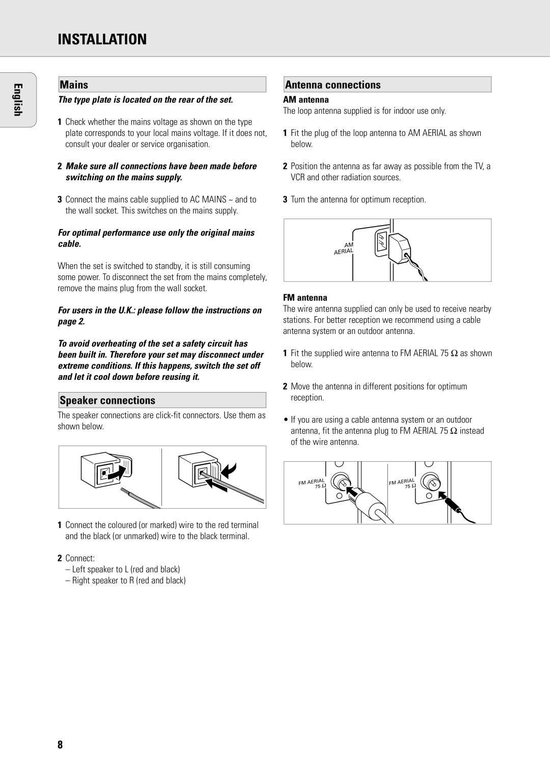 Philips FW-R8 manual Installation, English Mains, Speaker connections, Antenna connections 