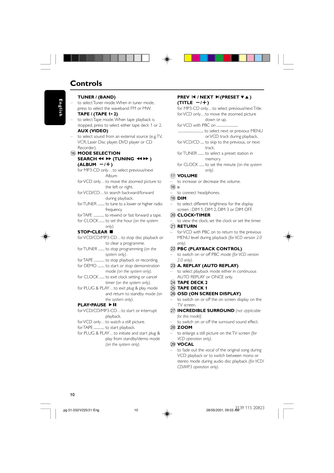 Philips FW-V220/21 manual Controls 