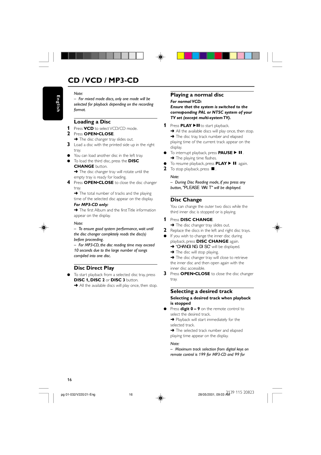 Philips FW-V220/21 manual Loading a Disc, Disc Direct Play, Playing a normal disc, Disc Change, Selecting a desired track 