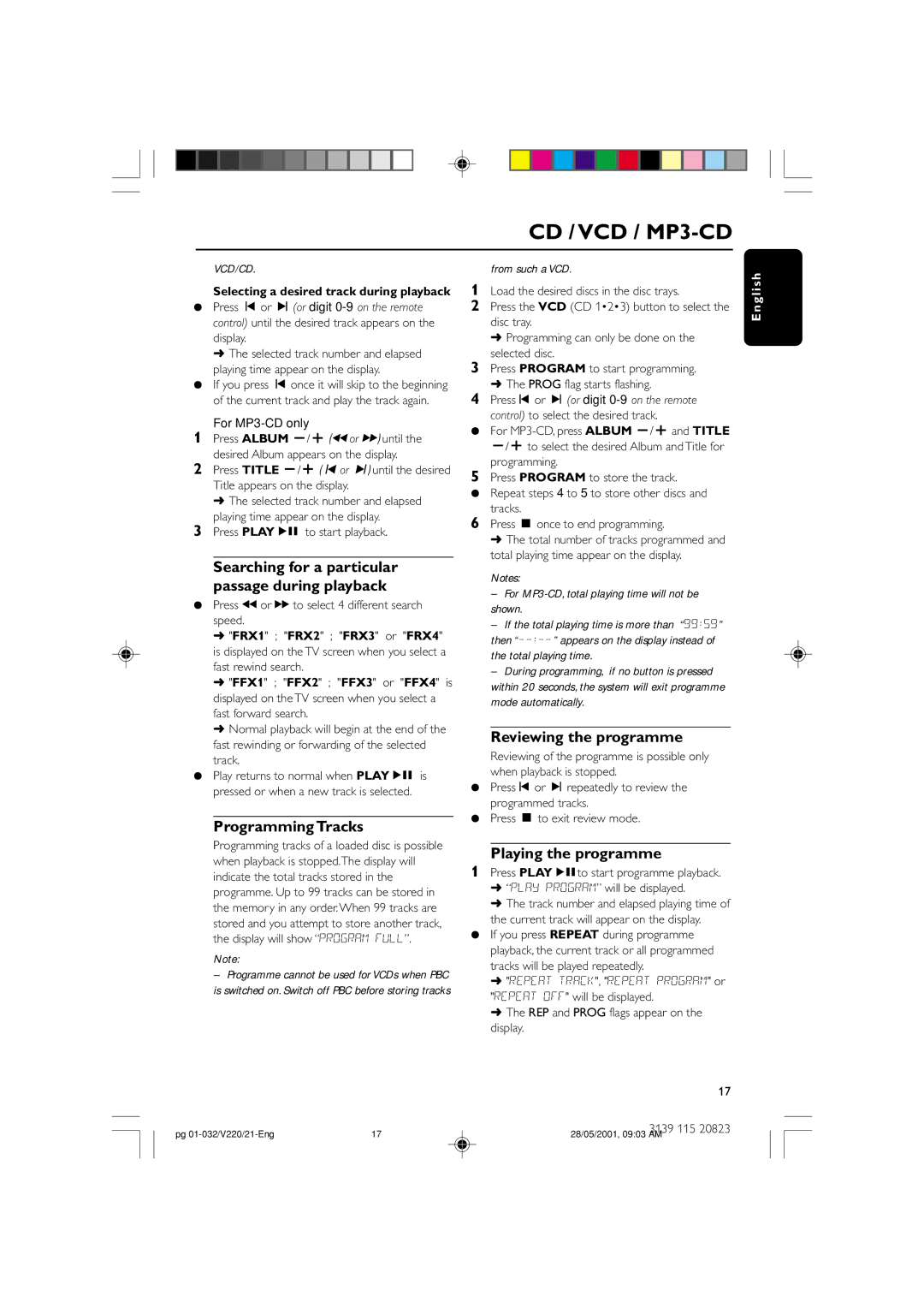 Philips FW-V220/21 manual Searching for a particular passage during playback, Programming Tracks, Reviewing the programme 