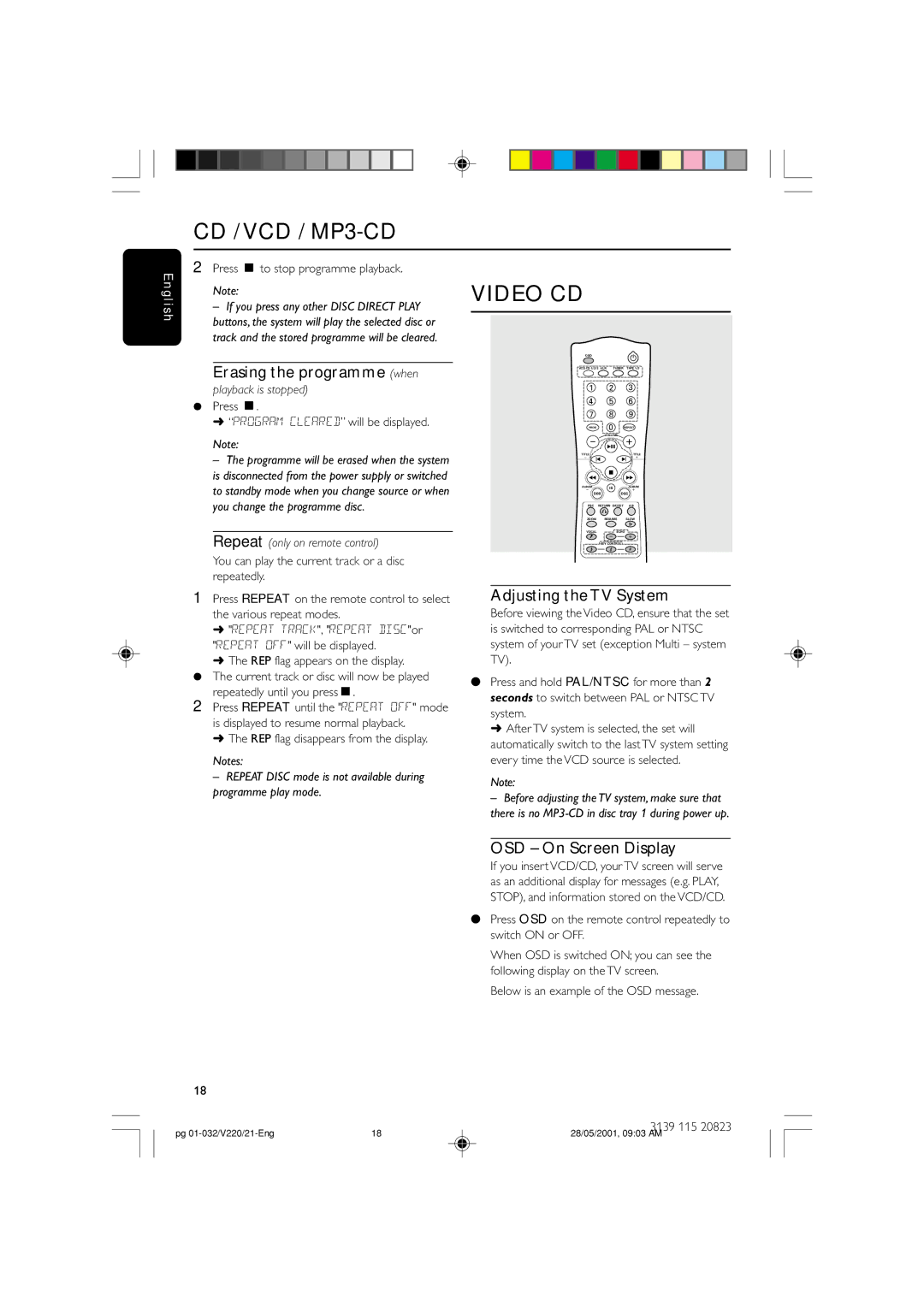 Philips FW-V220/21 manual Erasing the programme when, Adjusting the TV System, OSD On Screen Display 