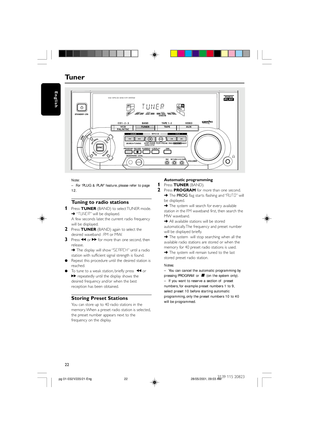 Philips FW-V220/21 Press Tuner Band, Press Program for more than one second, Be displayed, Will be displayed, Release 